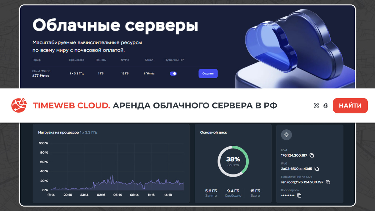 Настройка облачного сервера для бизнеса и разработки в личном кабинете провайдера Timeweb Cloud.