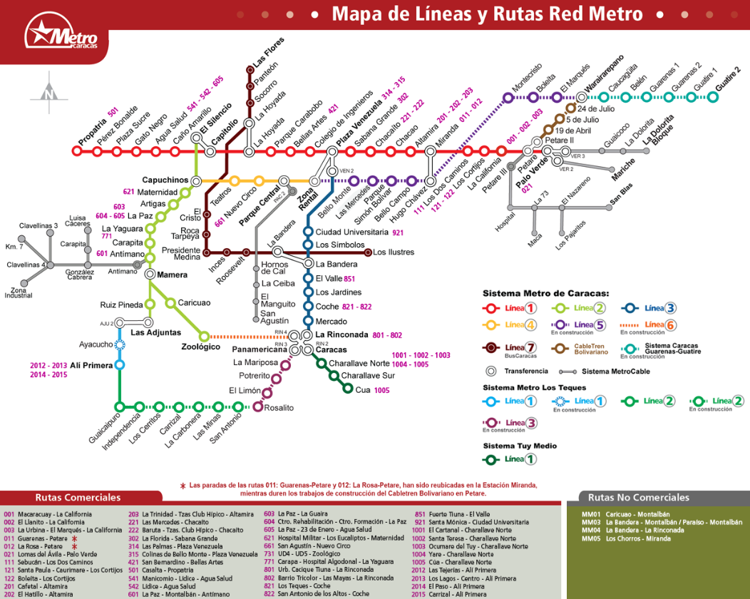 Схема метрополитена Каракаса с перспективными линиями и станциями.