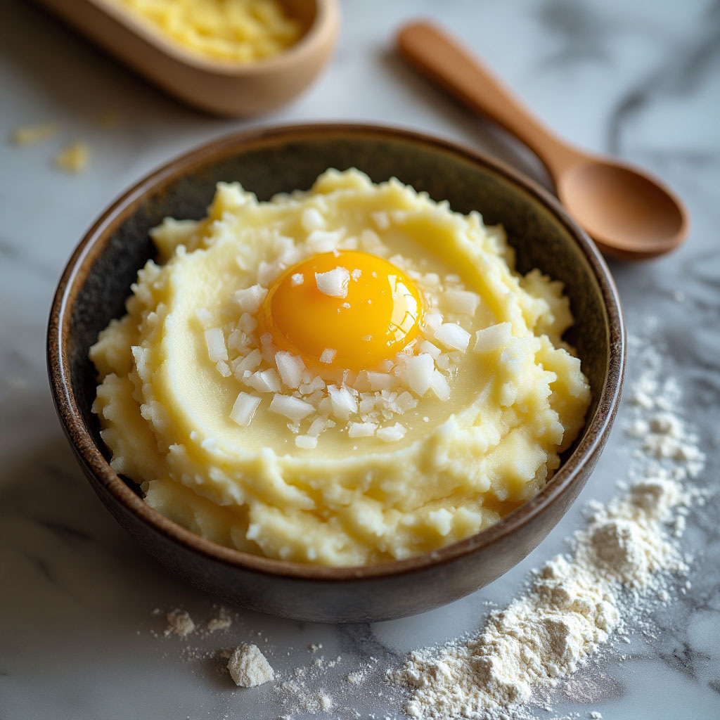 🥣 Добавьте в пюре яйцо, лук, соль, перец — перемешайте.