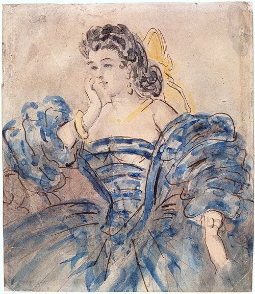 "Женщина в кринолине". Акварель, перо (в графическом искусстве), бумага, коричневая тушь. Малый дворец, Музей изящных искусств города Парижа