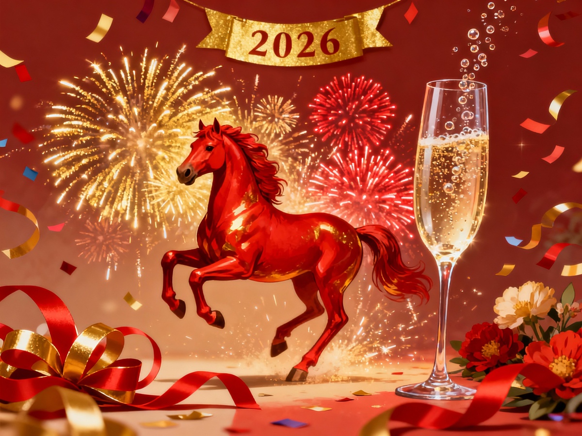Новогодняя праздничная иллюстрация с Огненной Лошадью 2026