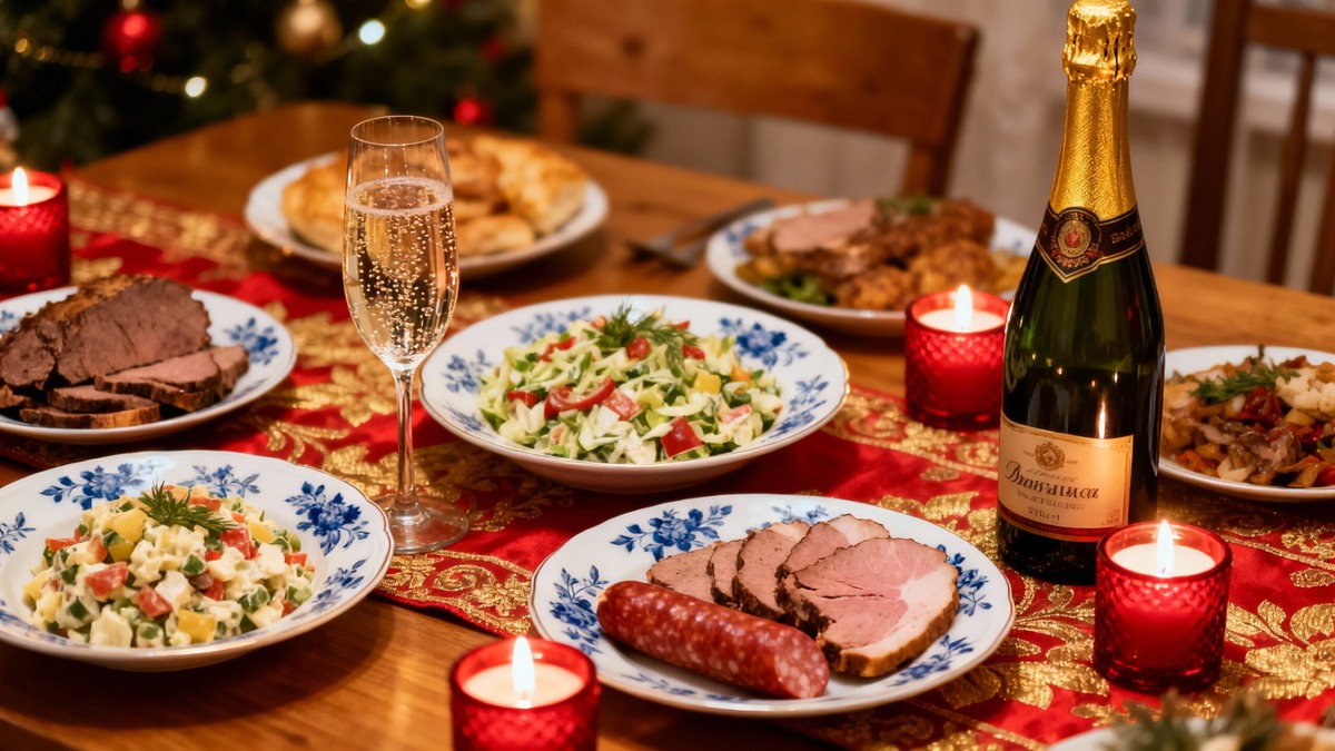 Праздничный новогодний стол с традиционными блюдами