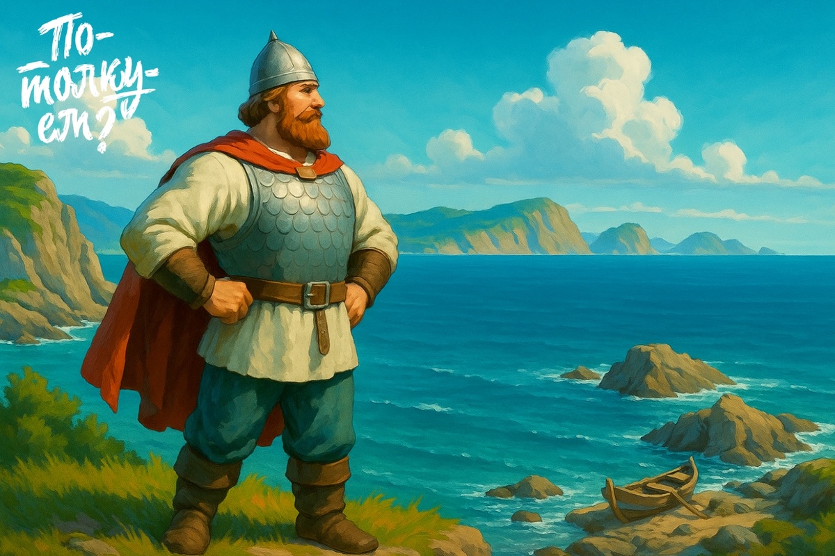 Добрыня Никитич стоит на краю морского утёса и смотрит на дальние острова