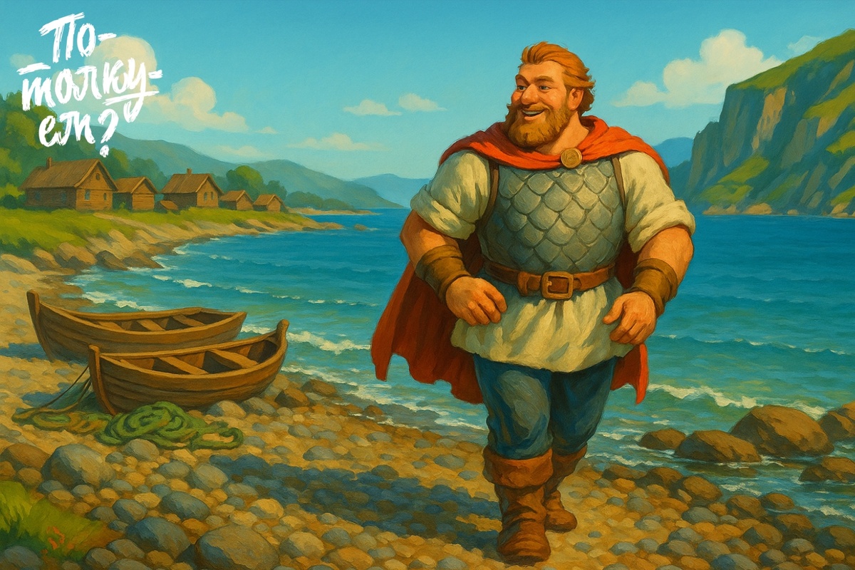 Добрыня Никитич идёт по каменистому морскому берегу мимо лодок и тихих волн
