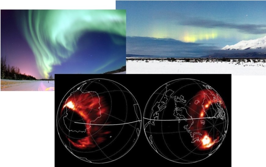 Вверху справа - ночное северное сияние // https://commons.wikimedia.org/wiki/File:Aurora_borealis_over_Eielson_Air_Force_Base,_Alaska.jpg#/media/Файл:Aurora_borealis_over_Eielson_Air_Force_Base,_Alaska.jpg
Вверху слева - дневное сияние // https://wtftime.ru/articles/153908/foto-dnevnye-poljarnye-sijanija-iz-za-strannoj-magnitnoj-buri/
Внизу - сияние на двух полюсах // https://www.astronet.ru/db/msg/1235690