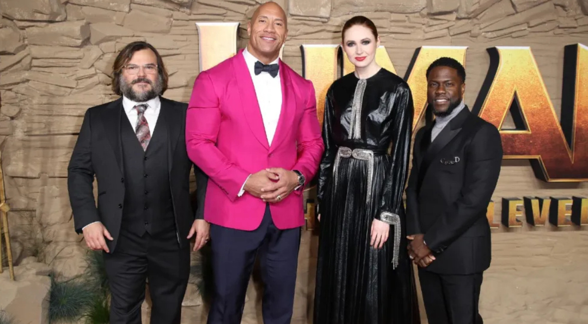 Джек Блэк (слева), Дуэйн Джонсон, Карен Гиллан и Кевин Харт посещают мероприятие, посвященное фильму "Джуманджи: Новый уровень", в 2019 году.