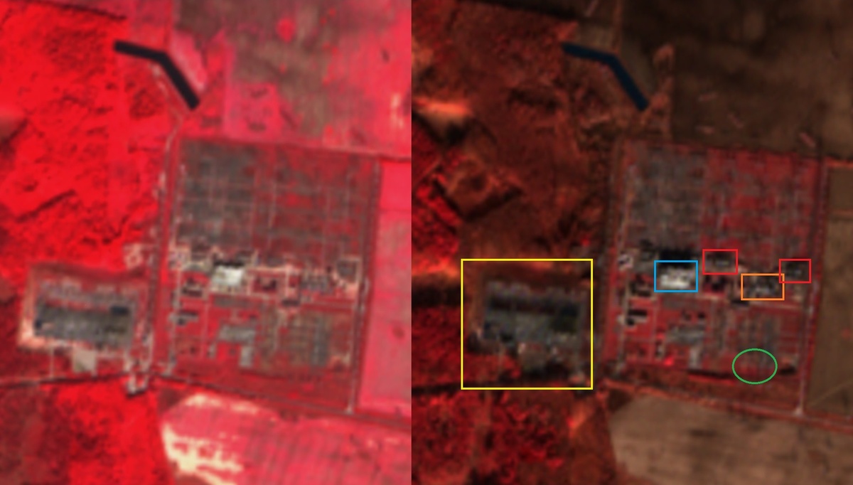 Космоснимки ПС 750 кВ Киевская от 31.08 (слева) и 19.11. Жёлтое – «черепаха», предположительно недостроенная