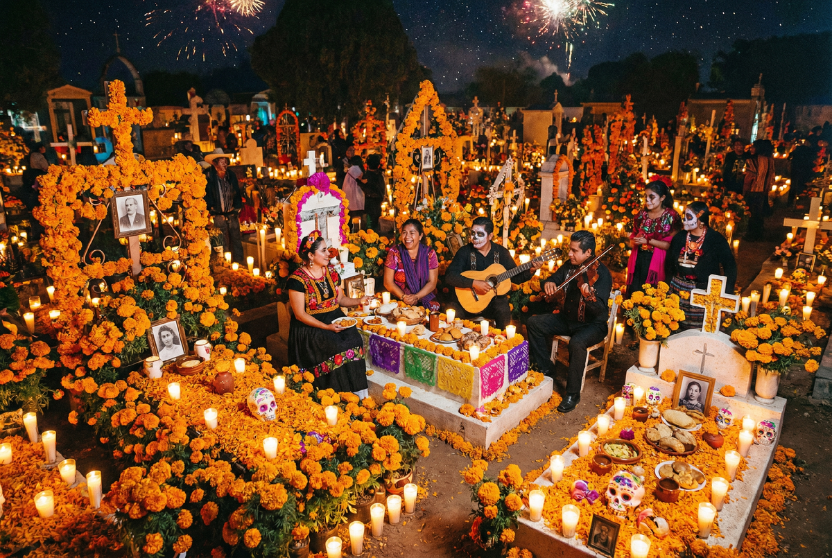 Кладбище в ночь на 2 ноября. Здесь нет страха, только память и оранжевое море цветов.
