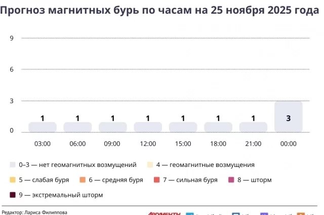   Прогноз магнитных бурь по часам на 25 ноября 2025 года. Инфографика