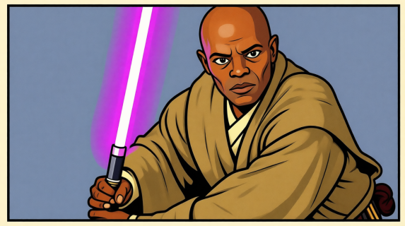 Мастер-джедай Мейс Винду со своим уникальным фиолетовым клинком — оружием, исчезнувшим после дуэли с Императором