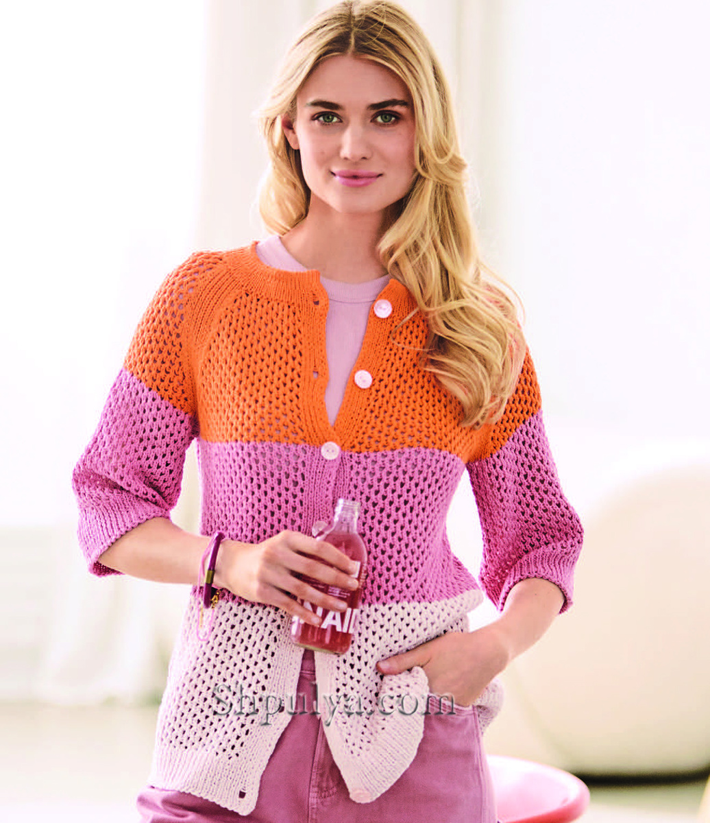 Трехцветный жакет с укороченными рукавами и сетчатым узором