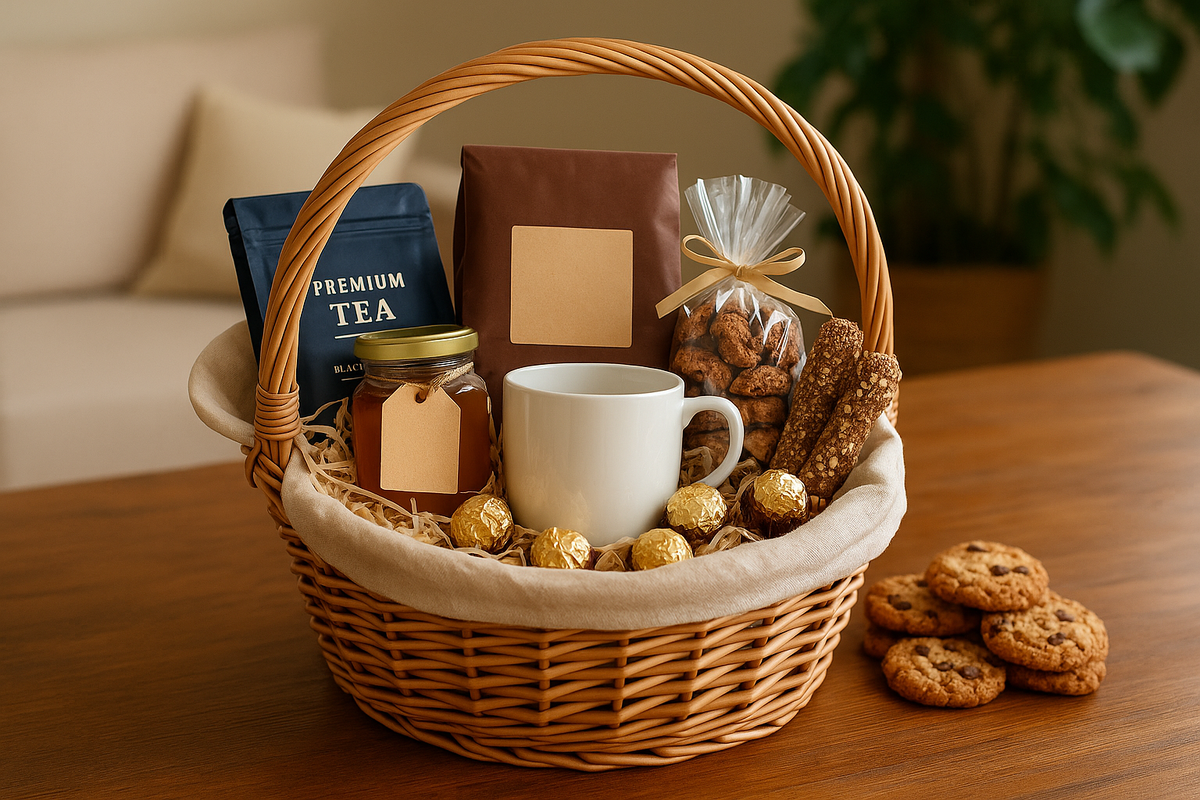 Корзина (или бокс) с чаем, кофе и сладостями