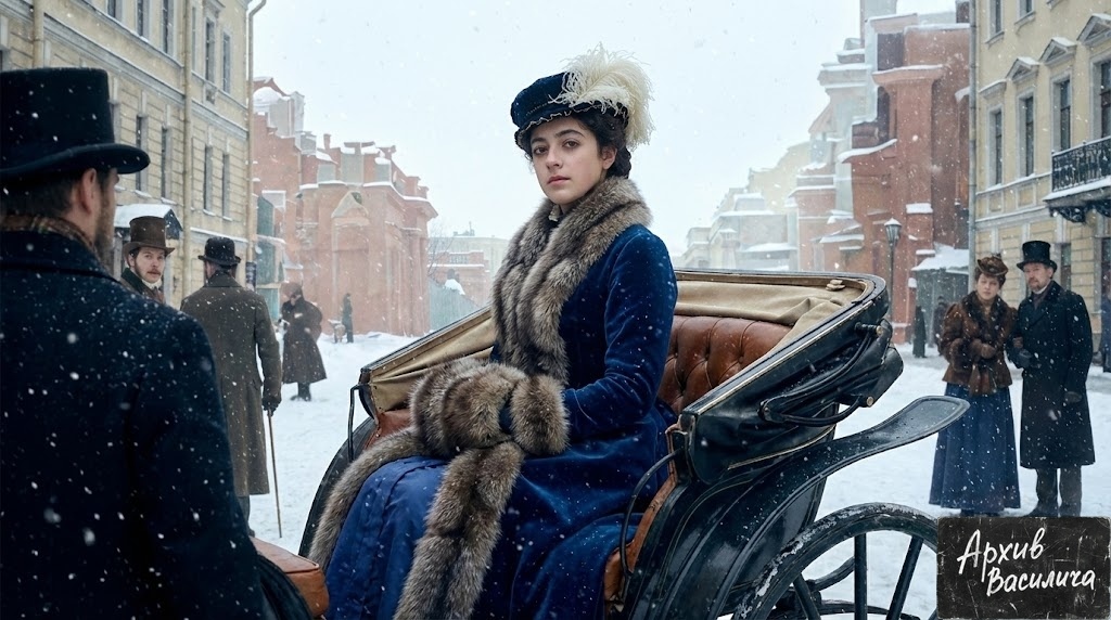 Едет одна, вся в мехах. Богатая, но одинокая.