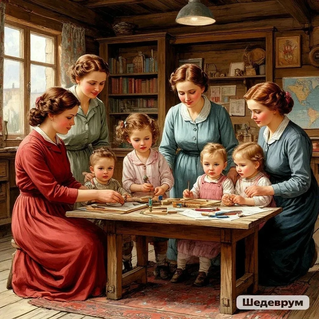 Первый слайд для комикса, сделанный в нейросети : запрос: "Летом 1923-года домохозяйки кемеровского рудника обратились в профсоюз горняков с просьбой открыть детский сад-ясли. Идея начальству понравилась, поскольку в таком учреждении можно было воспитывать детей в  чуть ли не с самого рождения, комикс, гипердетализация, шедевр"