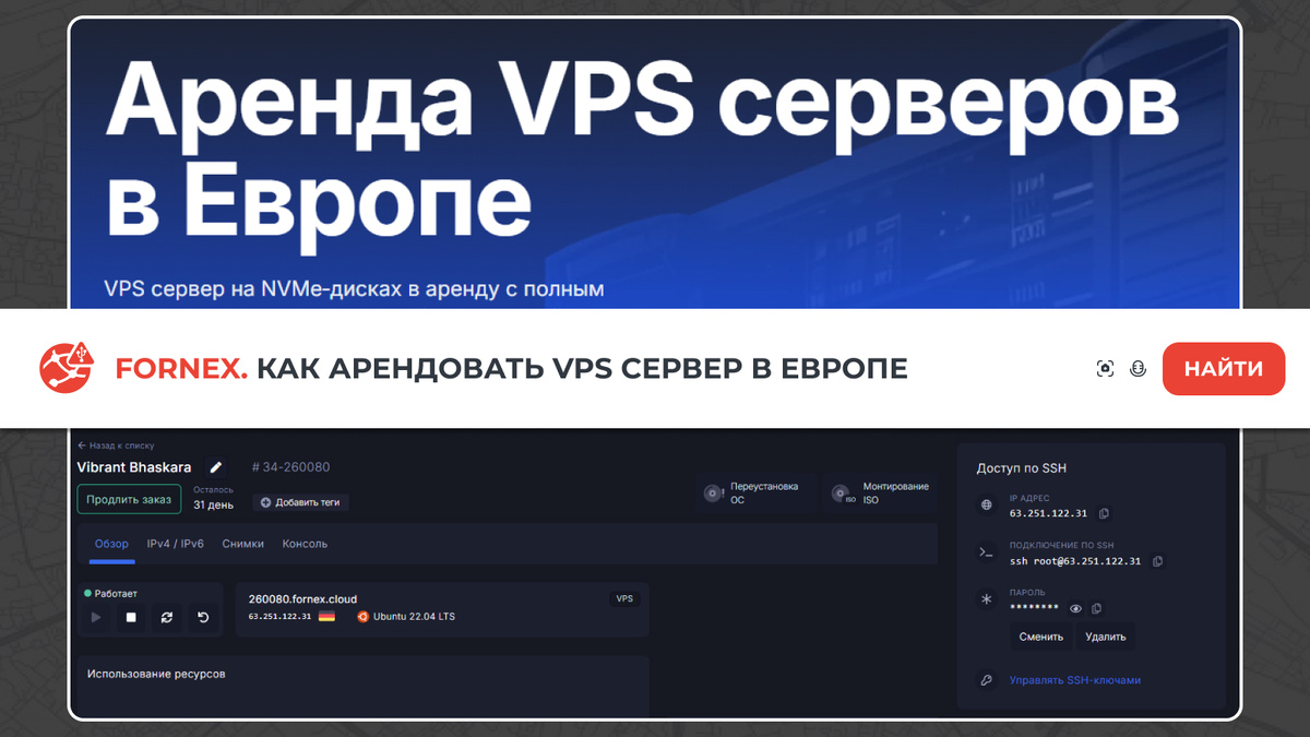 Интерфейс личного кабинета Fornex с параметрами SSH-доступа, ОС Ubuntu 22.04 и баннером аренды VPS сервера в Европе.