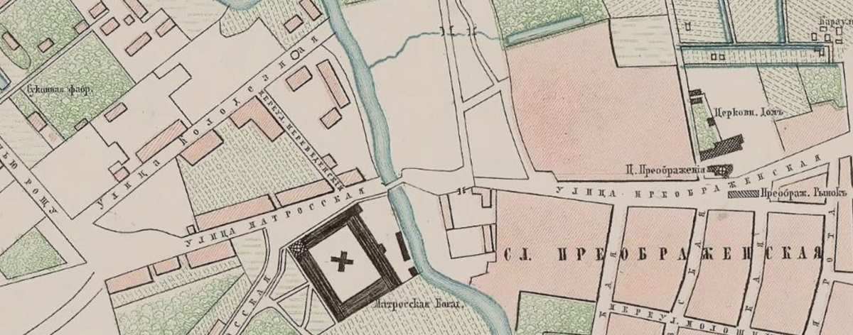 Расположение богадельни на месте бывшей парусной фабрики на карте Москвы 1859 года. С сайта www.retromap.ru.