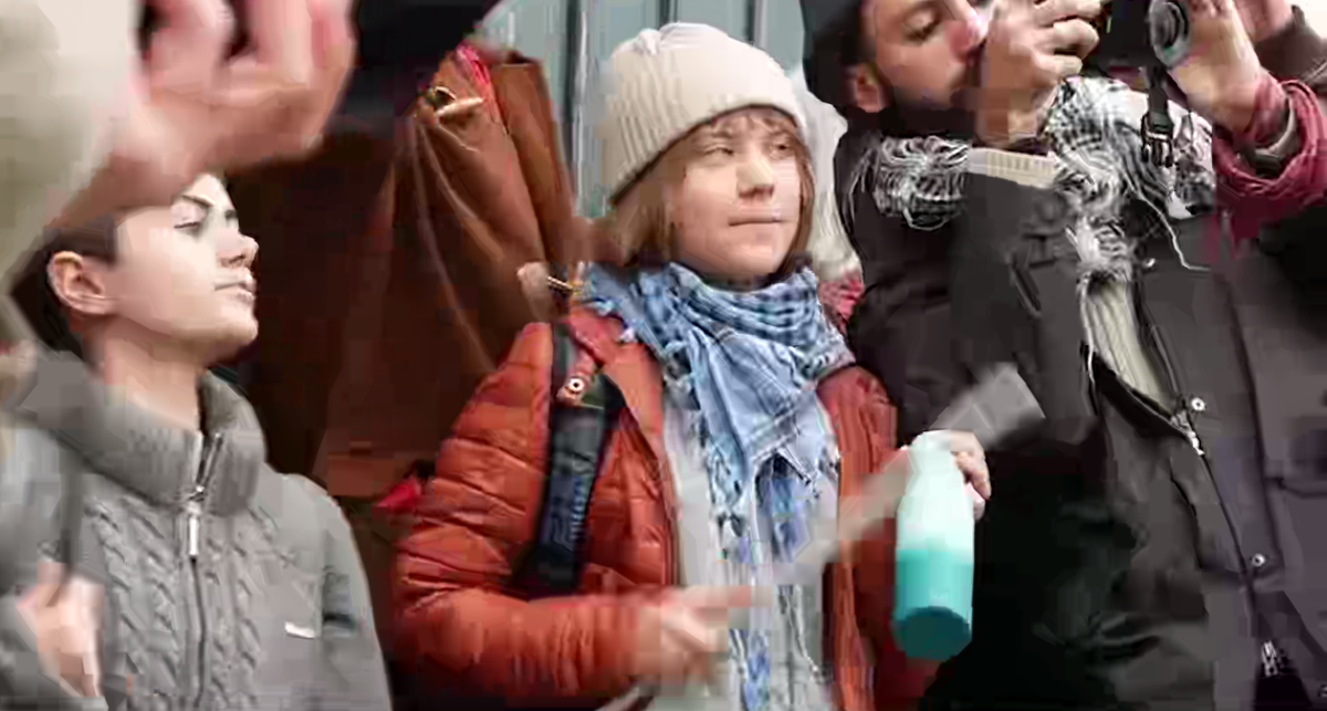 Грета Тунберг во время акции в Венеции. Кадр из телерепортажа итальянского ТВ.