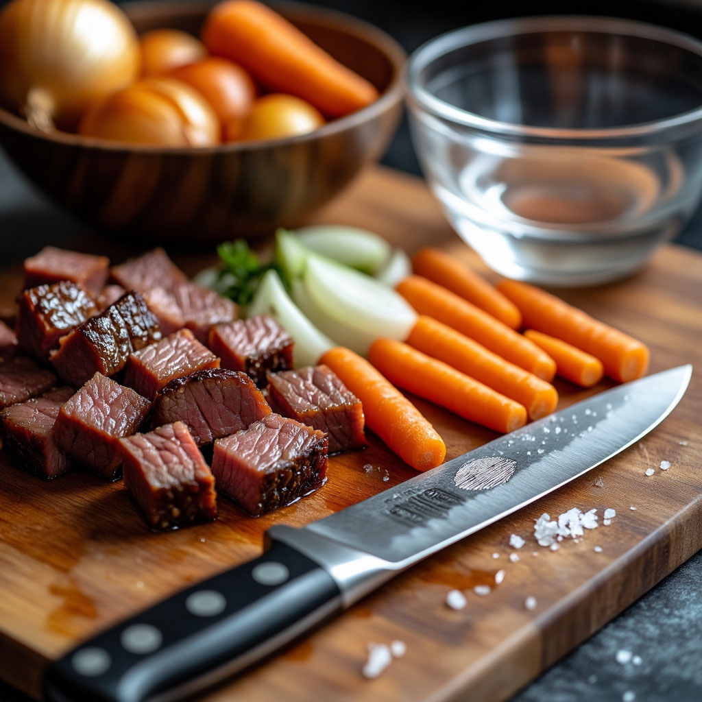 . 🥩 Нарежьте грудинку кубиками, обжарьте до золота.  