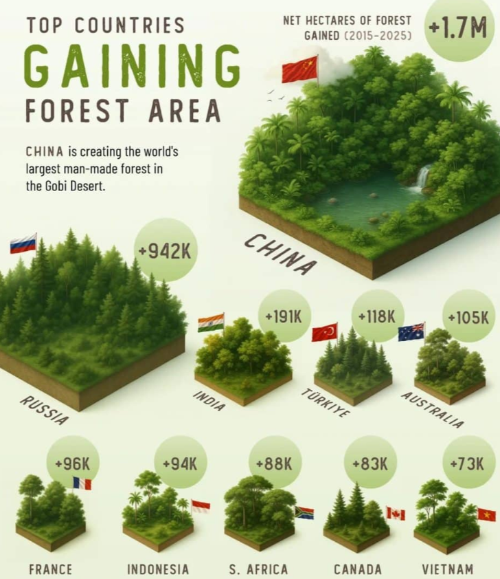 Инфографика: страны — лидеры по приросту лесов за последние 10 лет / © Visual Capitalist