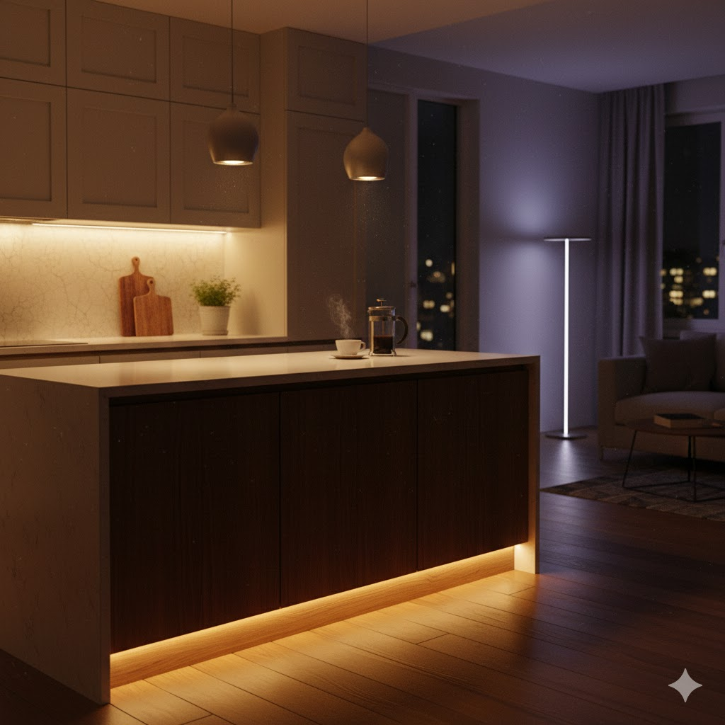 Умное освещение кухонной зоны. Сзади торшер управляемый через голосовой помощник 
