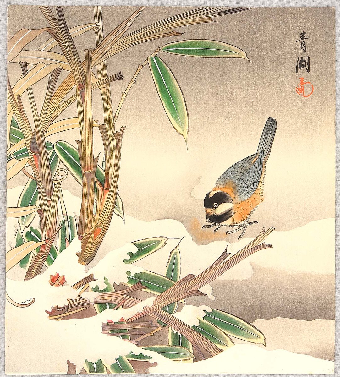 Окухара Сэйко «Снегирь и заснеженный бамбук», 1900 г.