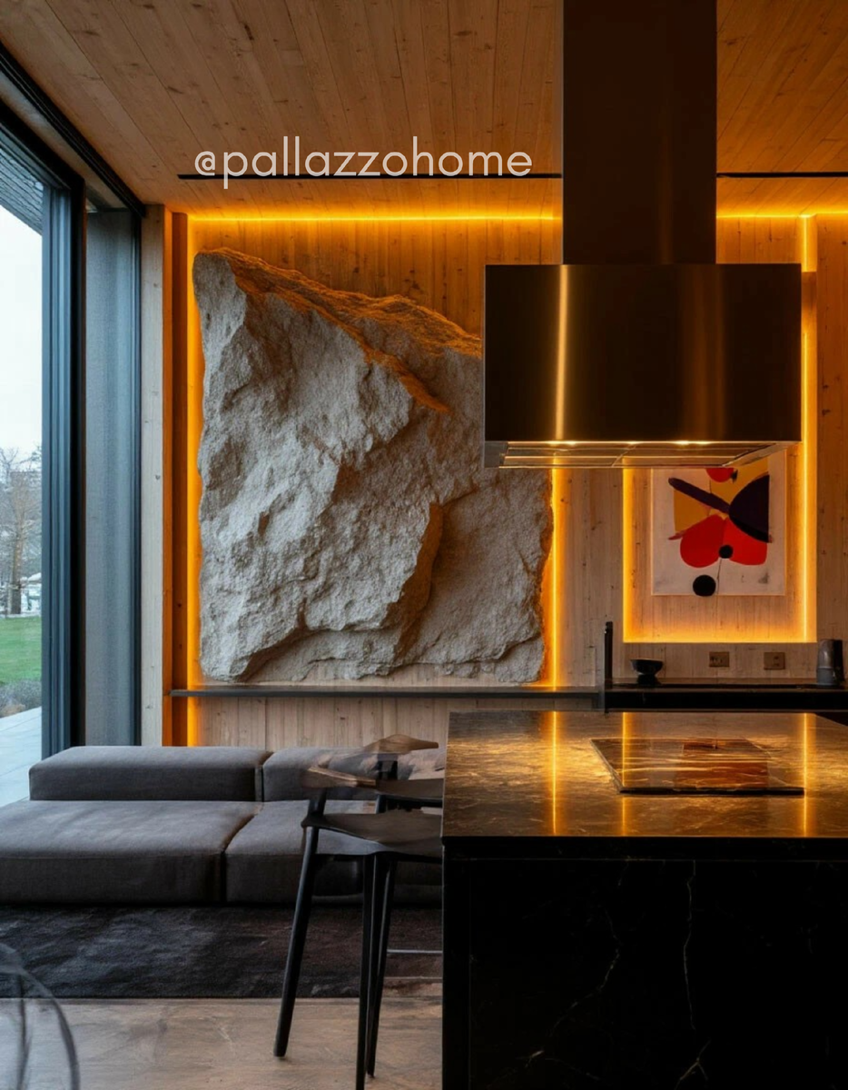 Живой бежевый микротравертин: спокойная поверхность, которая не требует декора — она уже им является.