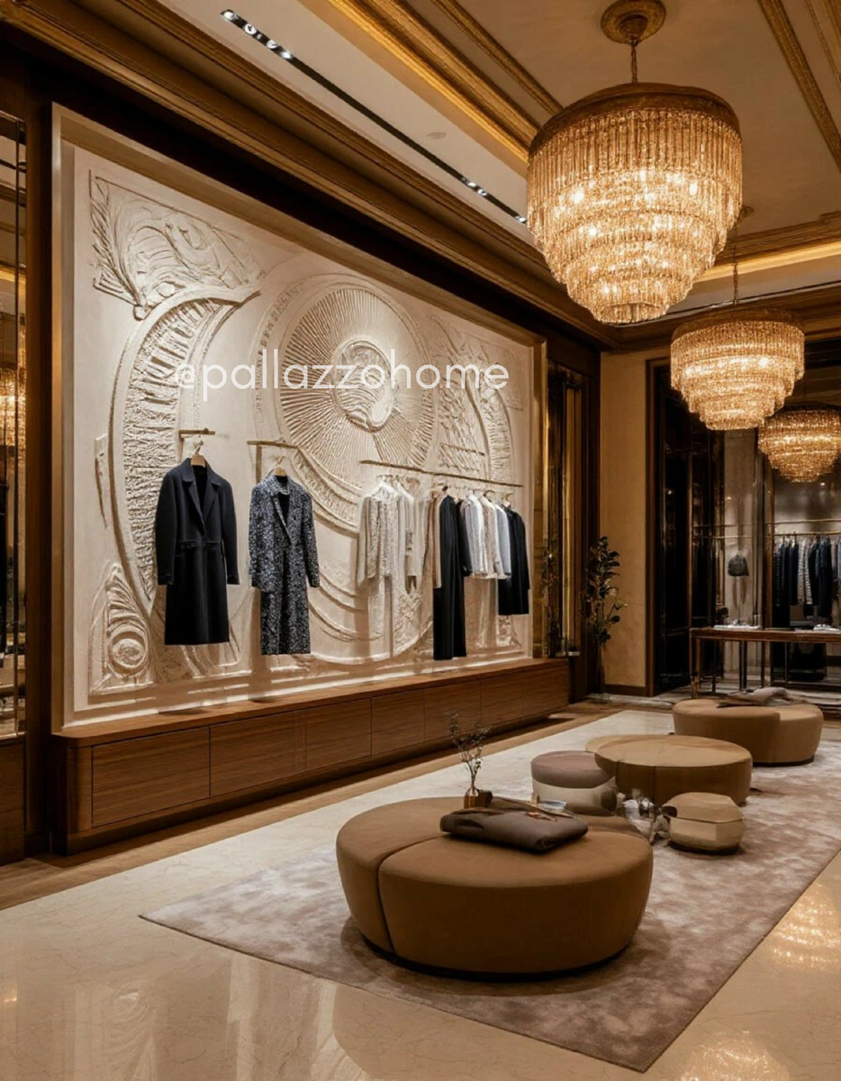 Пример того, как декоративные покрытия становятся не фоном, а архитектурным элементом пространства. Рельефная стена работает как тактильная скульптура: она не просто украшает, а задаёт ритм, атмосферу и глубину восприятия. Когда стены становятся частью истории бренда.