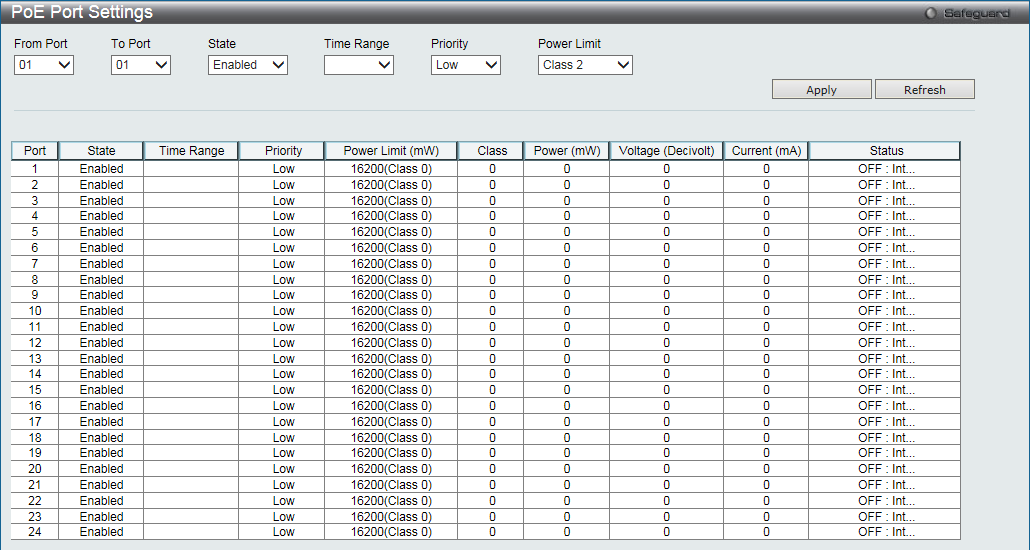 Веб-интерфейс коммутатора: System Configuration > PoE > PoE Port Settings