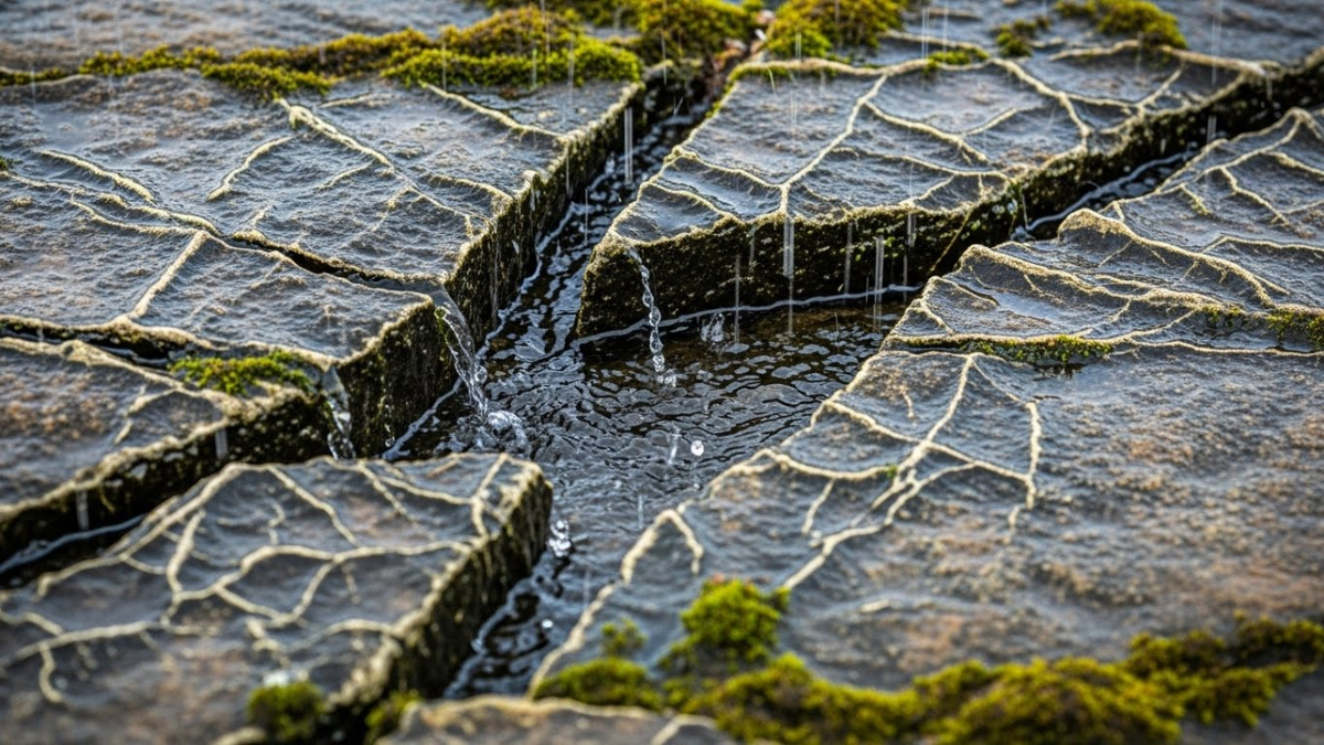  в трещины стекают капли дождя, создавая ощущение живого организма