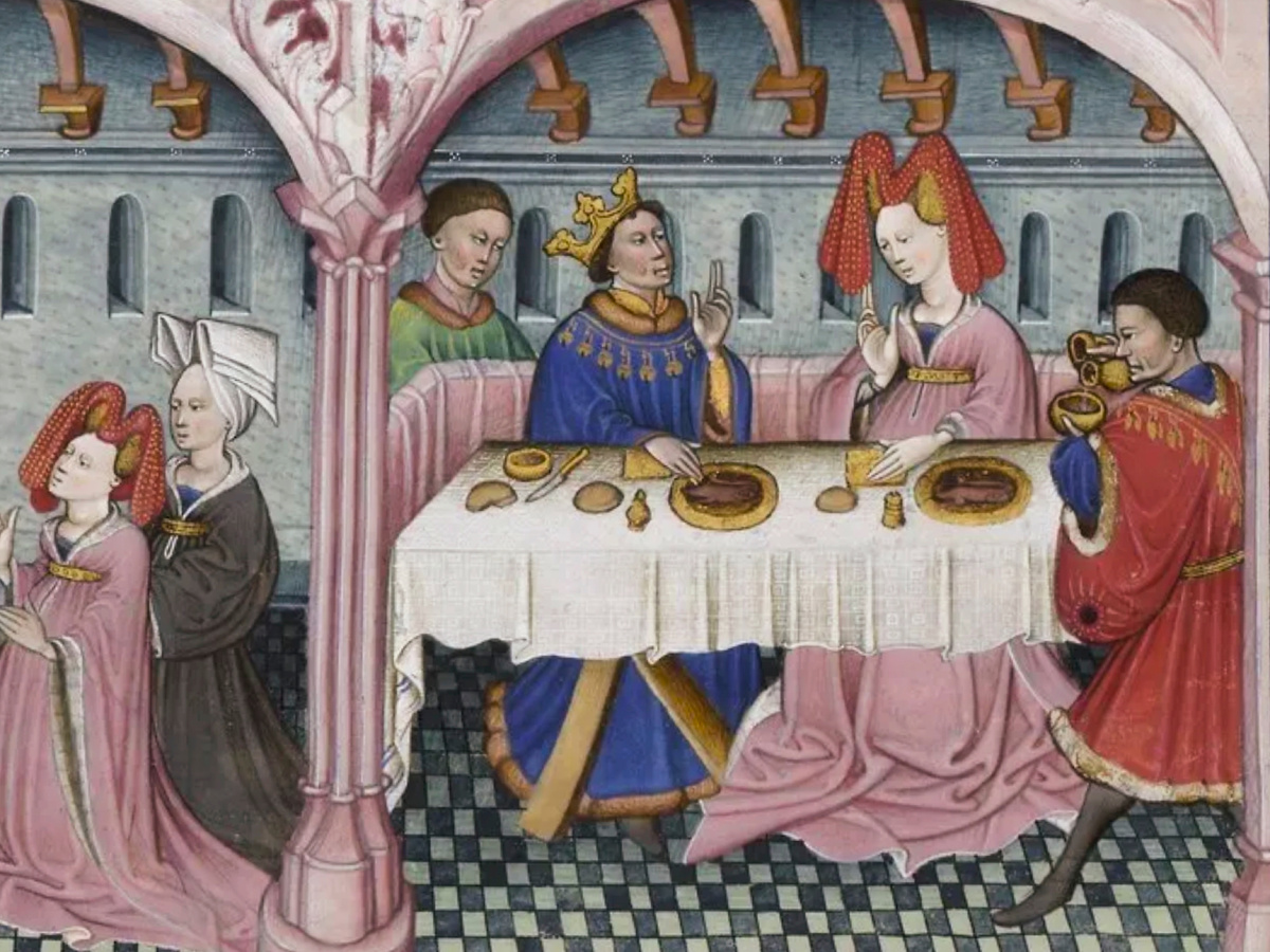 Миниатюра «Филипп Август, принятый за столом маркизы Монферратской», XV век.