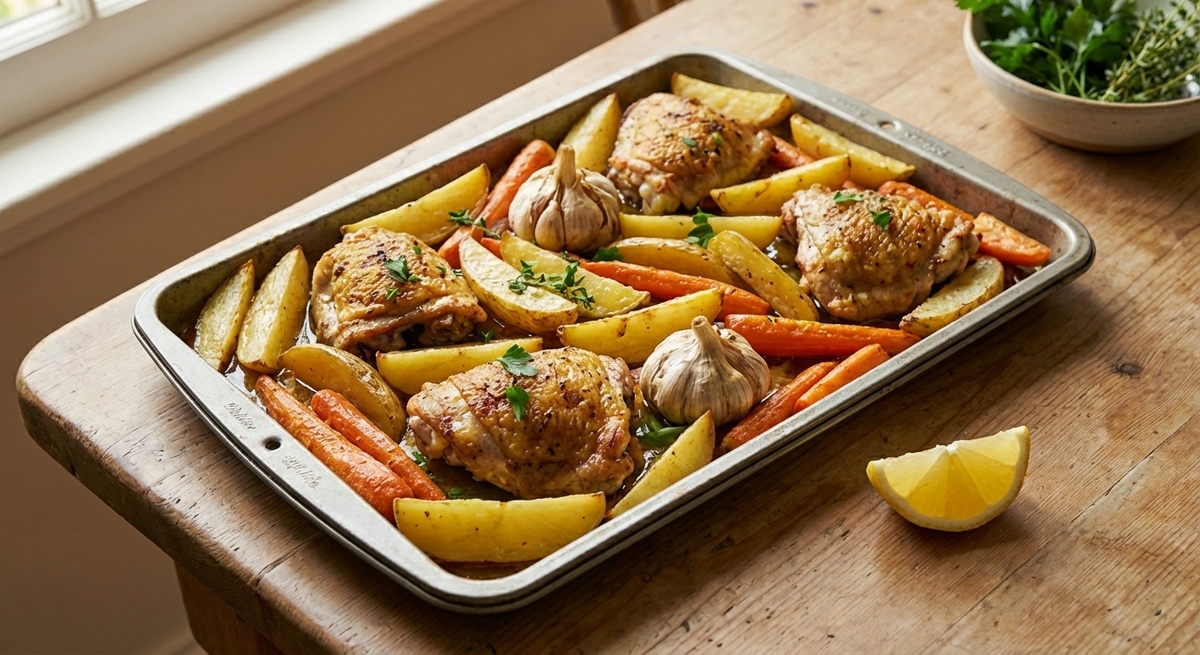 Классика на каждый день: куриные бёдрышки, картофель, морковь, лук и чеснок. Выглядит как хороший “домашний бранч” из кафе.