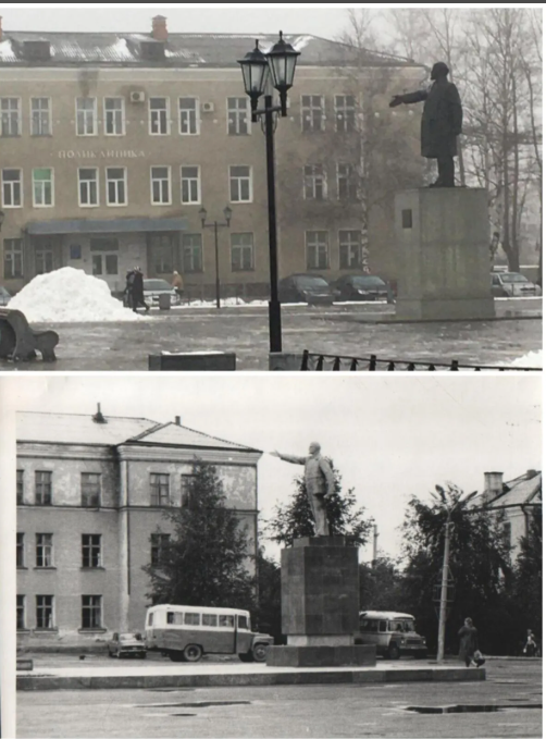 Фотография двух памятников: сверху - памятник 1981 года, который стоит сейчас; снизу - памятник, который перенесли на площадь с железнодорожного вокзала. Сайт Одноклассники, группа “Мой город ТАЙГА Кемеровская область”. Выложила Ольга Сердюкова. 5 ноября 2023