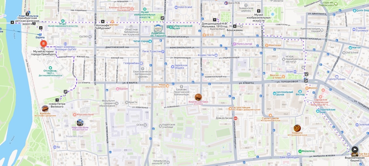 1. Сквер Петра Великого; 2. Елизаветинские ворота, копия ворот 1755 года; 3. Смотровая площадка; 4. Мост Европа - Азия; 5. Оренбургская детская железная дорога; 6. Котокафе ПоМурчим?; 7. Башня с курантами; 8. Кафе Бенджамин; 9. Музей изобразительных искусств; 10. Водонапорная башня