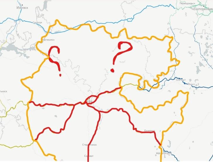    Красной линией отмечены ЖД-пути в Башкирии. Фото: Пруфы.рф