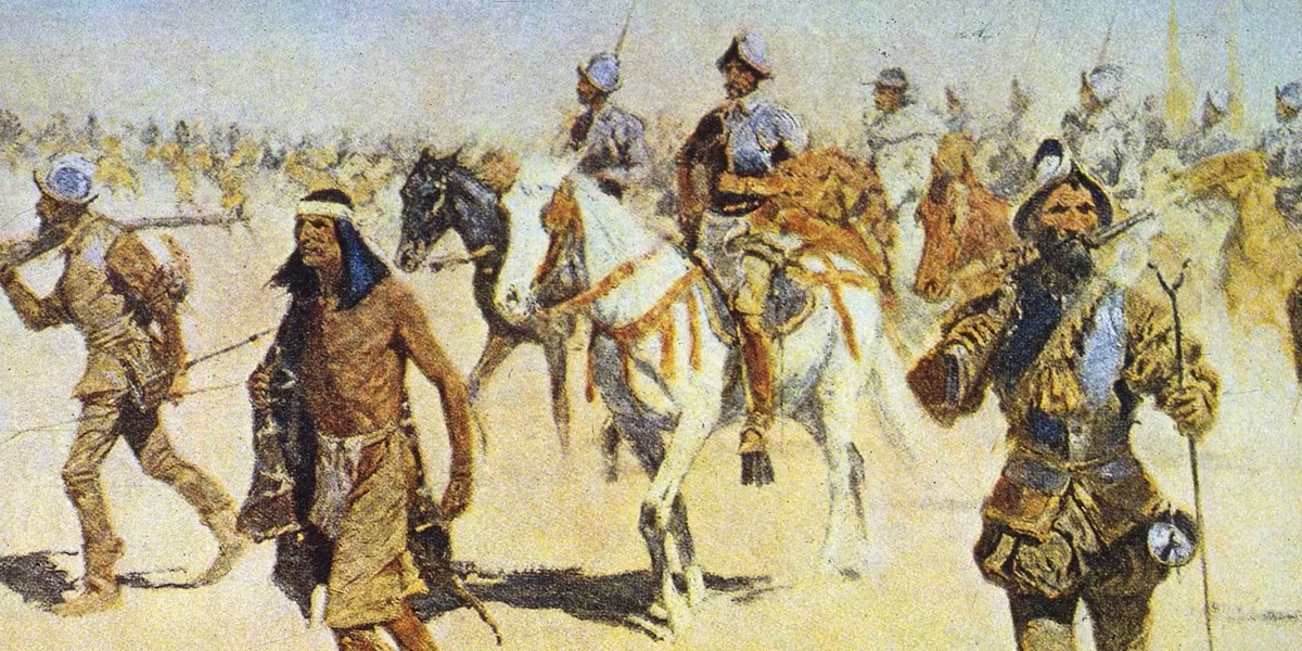 В 1541 году испанский исследователь Франсиско Васкес де Коронадо (1510–1554) пересекает равнины Канзаса в ходе своей экспедиции по покорению легендарных Семи Городов Сиболы в сопровождении проводника из числа коренных американцев. Художник: Ремингтон