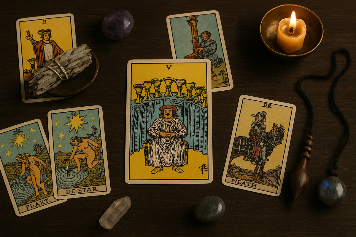 Расклад с Девяткой: рядом другие символы Таро, свеча и кристаллы