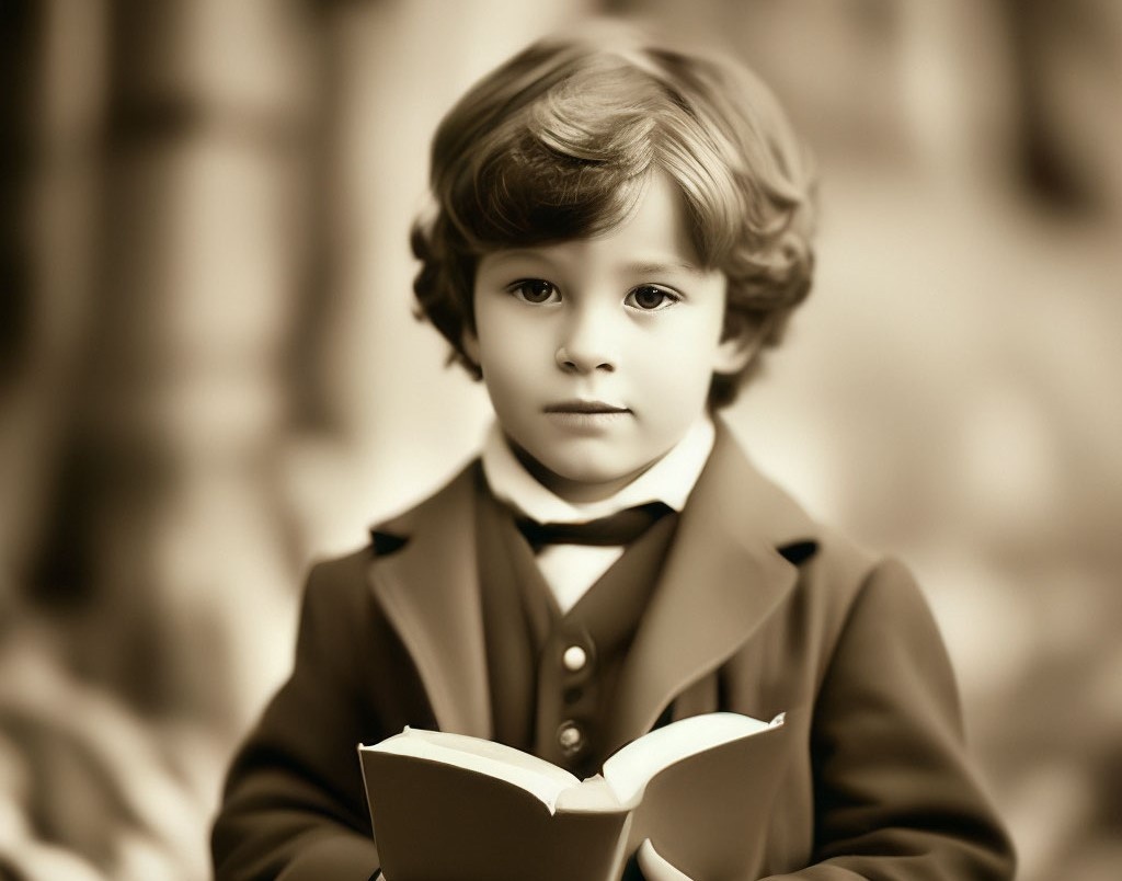 Мальчика с книгой в руках, задумчиво смотрящего вдаль.