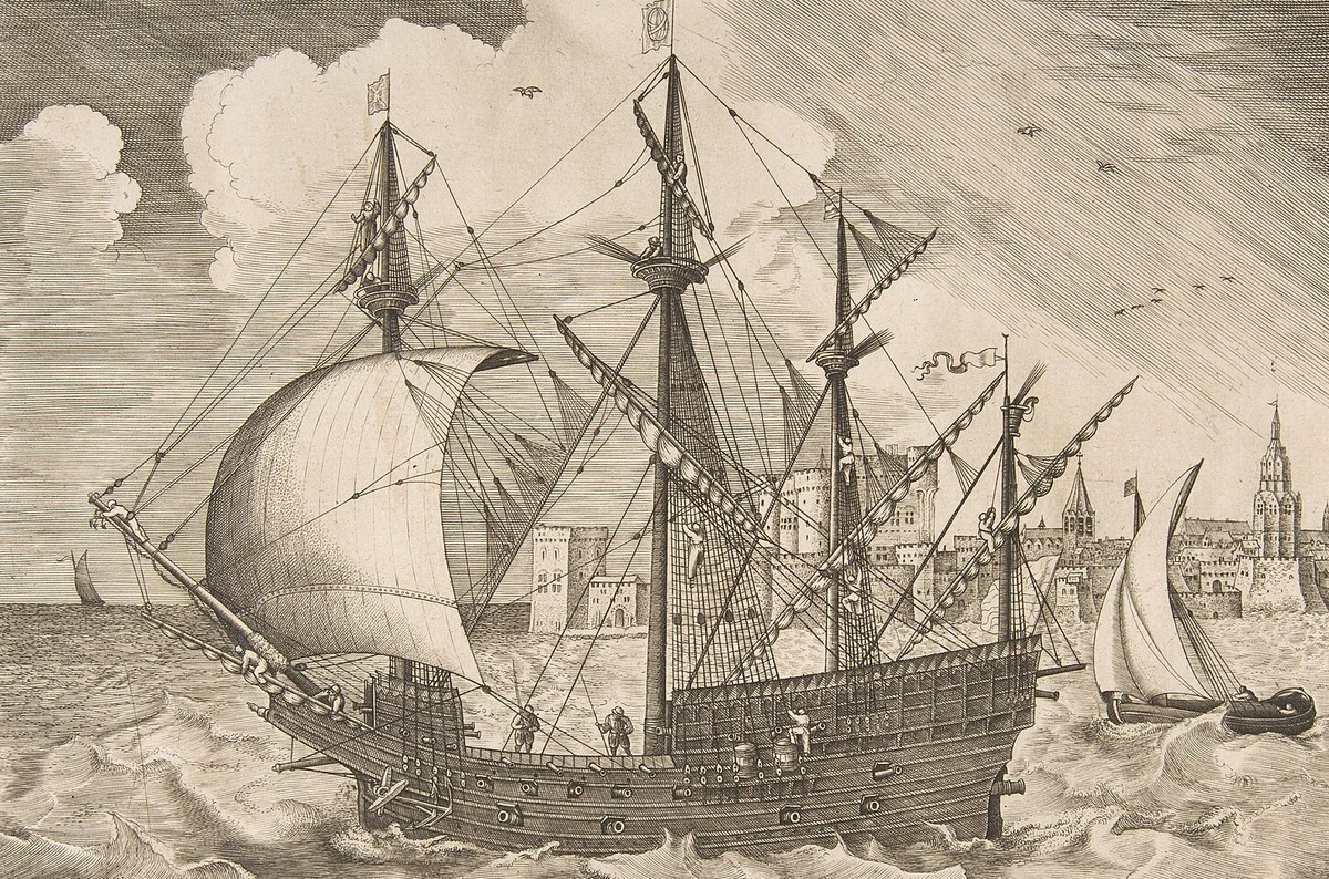 Старинная гравюра с изображением парусного судна