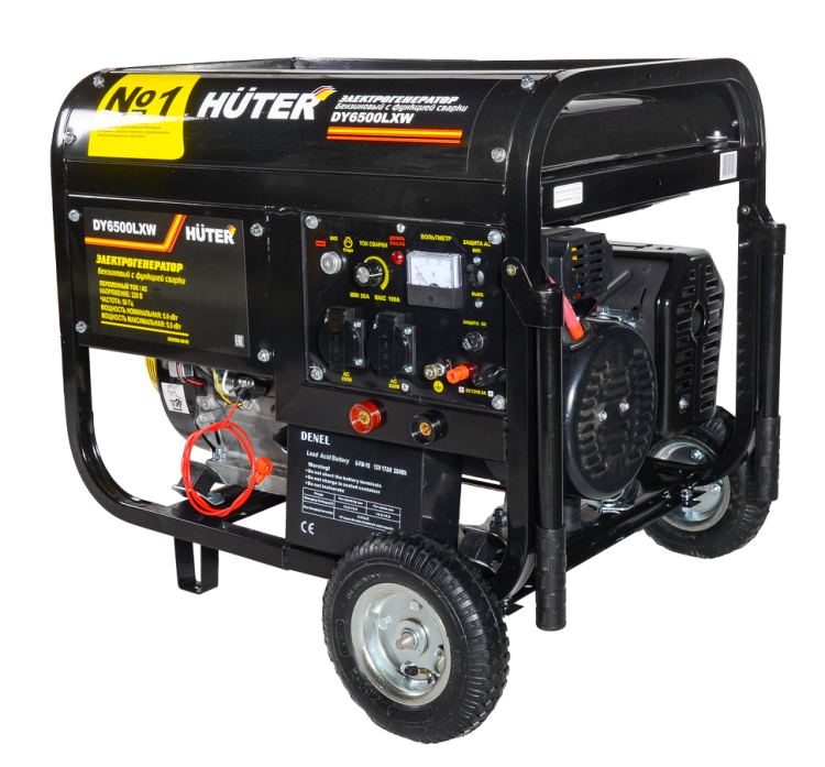 Портативный бензогенератор HUTER DY6500LXW (с функцией сварки): бензин АИ-92, 5 кВт, 220 В, бак – 22 л, 94 кг
