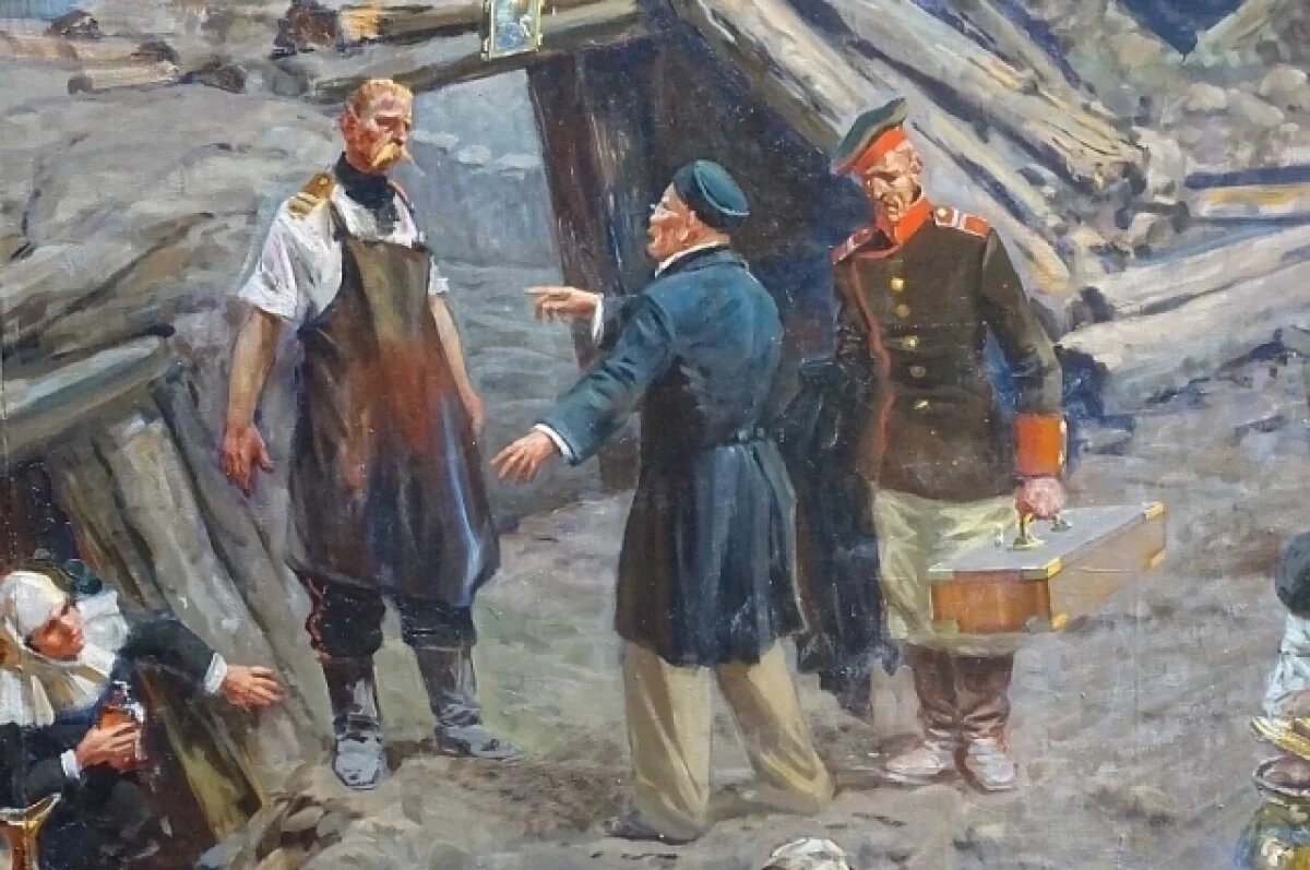     Н. И. Пирогов на панораме «Оборона Севастополя» (в центре) (фрагмент).