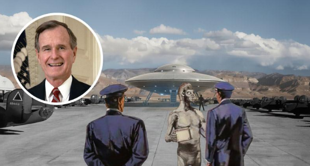 Художественная интерпретация контакта с инопланетными сущностями на базе Холломан, Отеро, Нью-Мексико. В круге — Джордж Буш-старший, 41-й президент США (1989-1993).