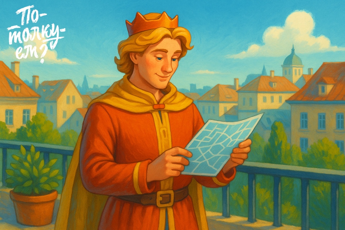Иван-Царевич стоит на городской террасе и рассматривает схему в руках