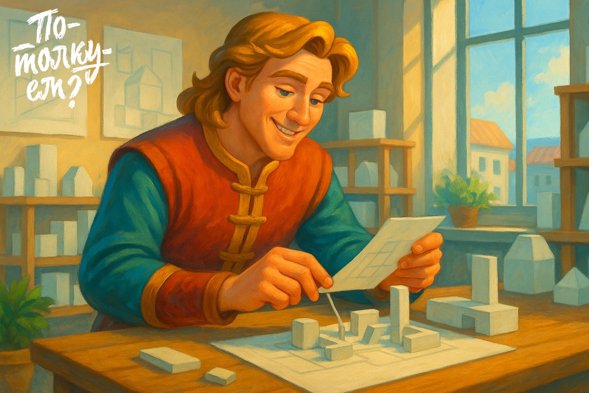 Иван-Царевич сидит в светлой мастерской и собирает объёмный макет на столе
