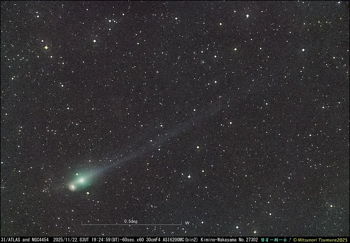Снимок 3I/ATLAS, сделанный 22 ноября 2025 года в 19:25 по всемирному координированному времени с помощью 0,5-метрового телескопа. В это время 3I/ATLAS находился в проекции на небе рядом с галактикой NGC4454. Солнце находится в левом нижнем углу. (Источник: Мицунори Цумура)
