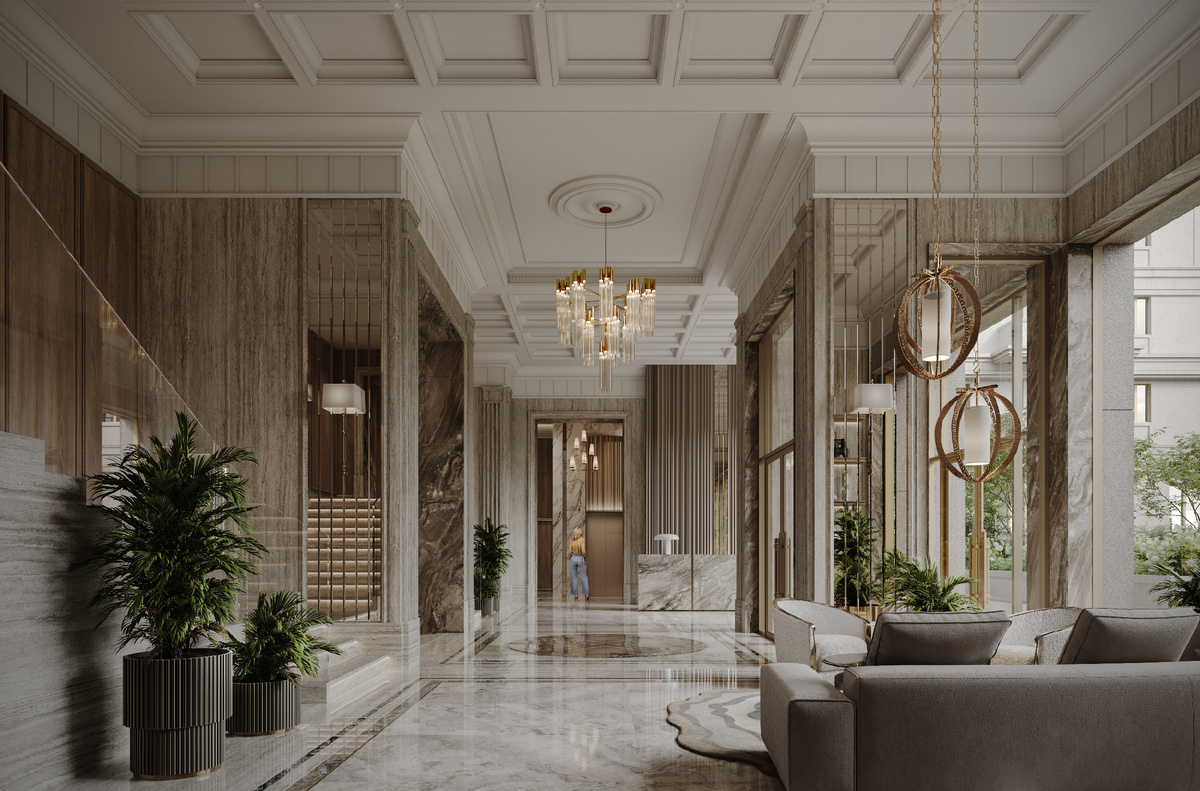 Маршрут проходит через лобби, приватный двор-сад и сервисный этаж. 