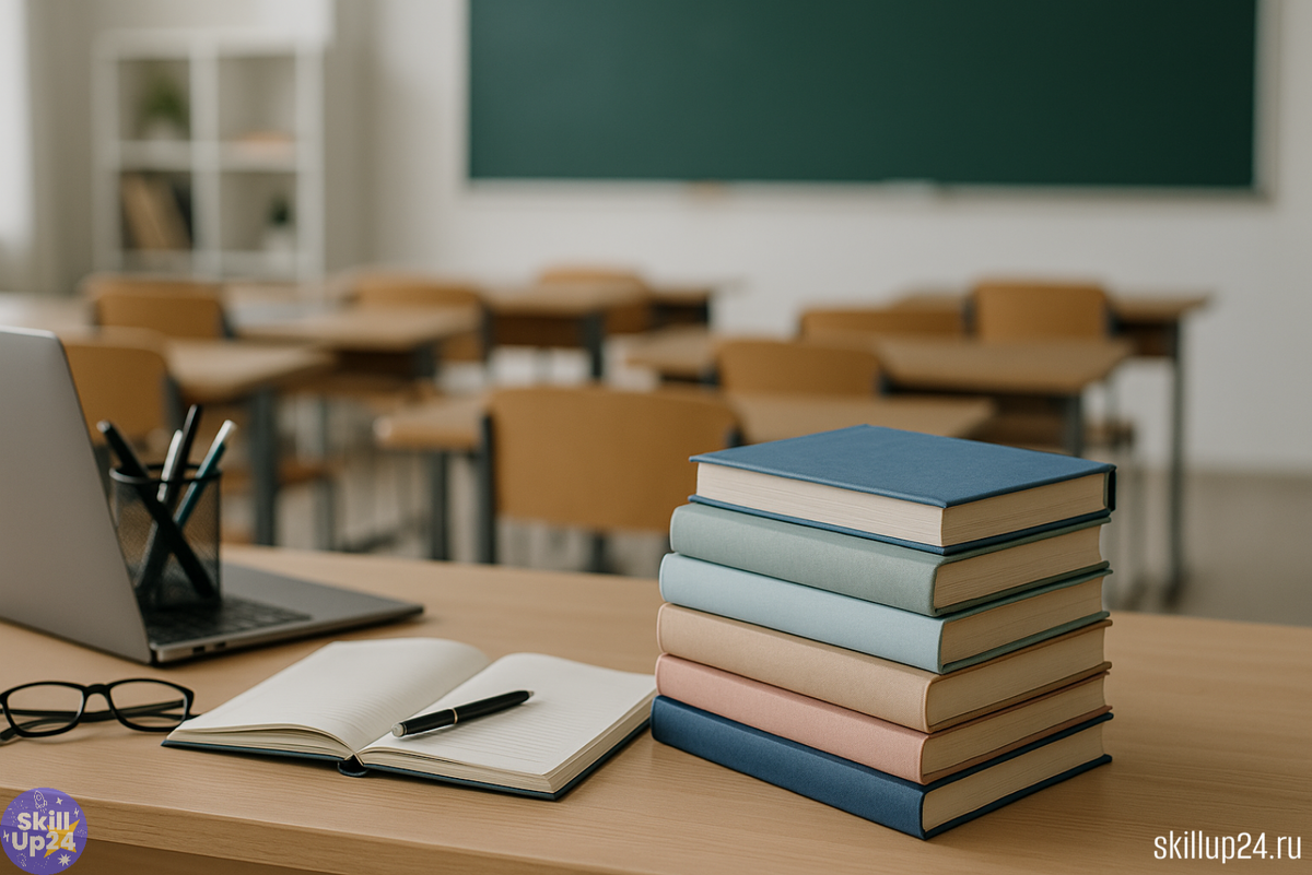 Учительский стол в современной школе: аккуратная стопка учебников без надписей, открытый ноутбук, очки и тетрадь — атмосфера выбора новых учебников и изменений в образовательной системе. Светлый класс, мягкий естественный свет, современная обстановка. Фото для онлайн-школы SkillUp24 в городах Астрахань, Барнаул, Владимир, Владивосток, Волгоград, Воронеж, Екатеринбург, Ижевск, Иркутск, Казань, Калининград, Кемерово, Киров, Краснодар, Красноярск, Липецк, Махачкала, Москва, Набережные Челны, Нижний Новгород, Новокузнецк, Новосибирск, Омск, Оренбург, Пенза, Пермь, Ростов-на-Дону, Рязань, Самара, Санкт-Петербург, Саратов, Сочи, Томск, Тольятти, Тула, Тюмень, Уфа, Ульяновск, Хабаровск, Чебоксары, Челябинск, Ярославль