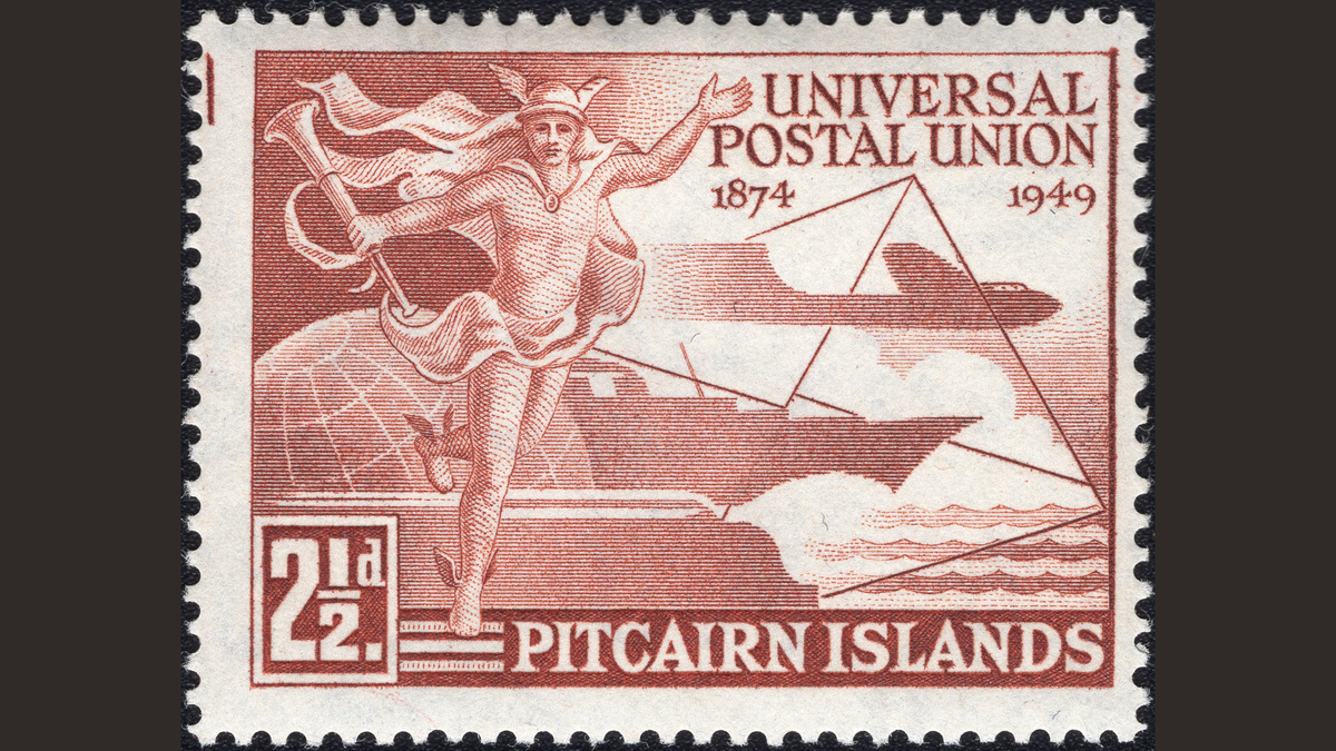 1. Питкэрн, 1949 год, № 15. Гермес, глобус и символы транспорта. 75 лет Всемирному почтовому союзу. В галерее полная серия (нажмите правую стрелку).