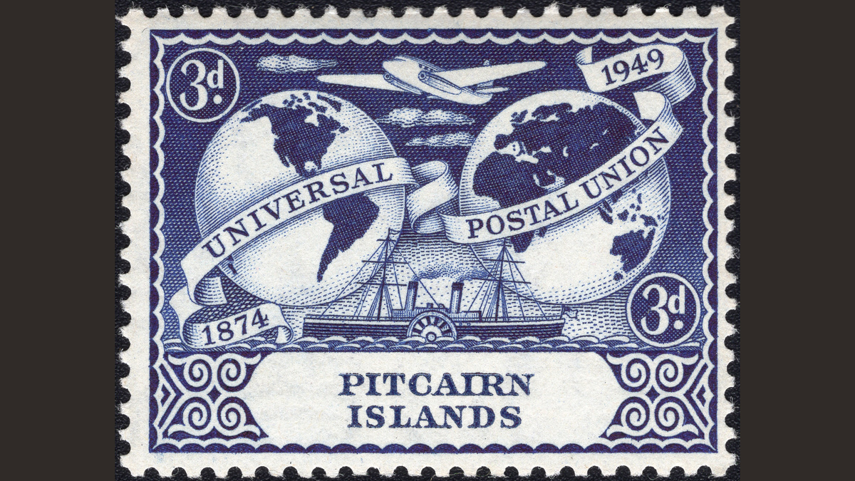 1.1. Питкэрн, 1949 год, № 16. Земные полушария, самолет и колесный пароход. 75 лет Всемирному почтовому союзу.