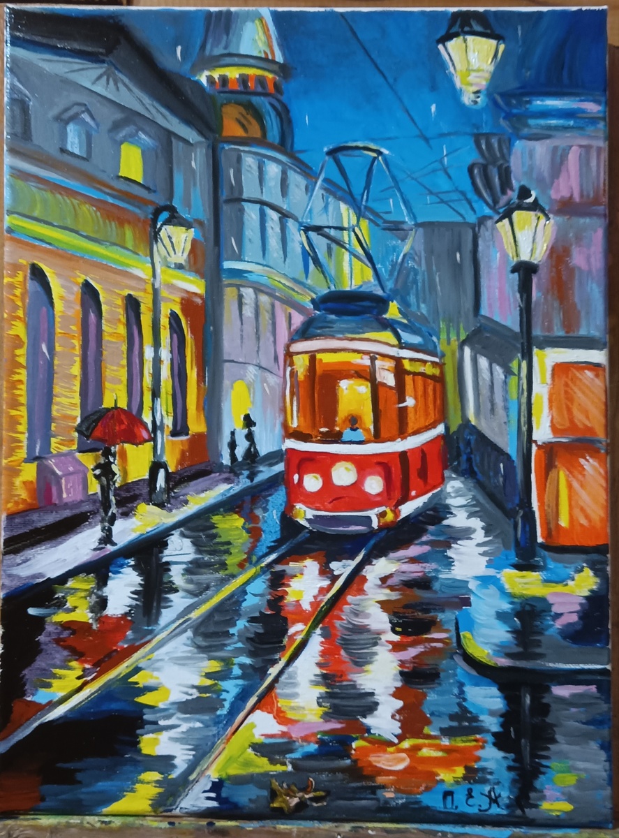 Картина Осенний трамвай, 30*40 см, холст, масло. Художник Поспелова Евгения, Ростов на Дону.