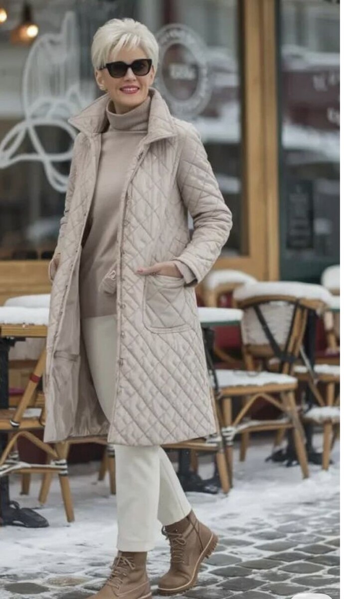 Палитра в мягких бежево‑карамельных оттенках, аккуратный длиный стёганый пуховик и универсальные ботинки создают выдержанный городской образ, очень подходящий для зрелой женщины.